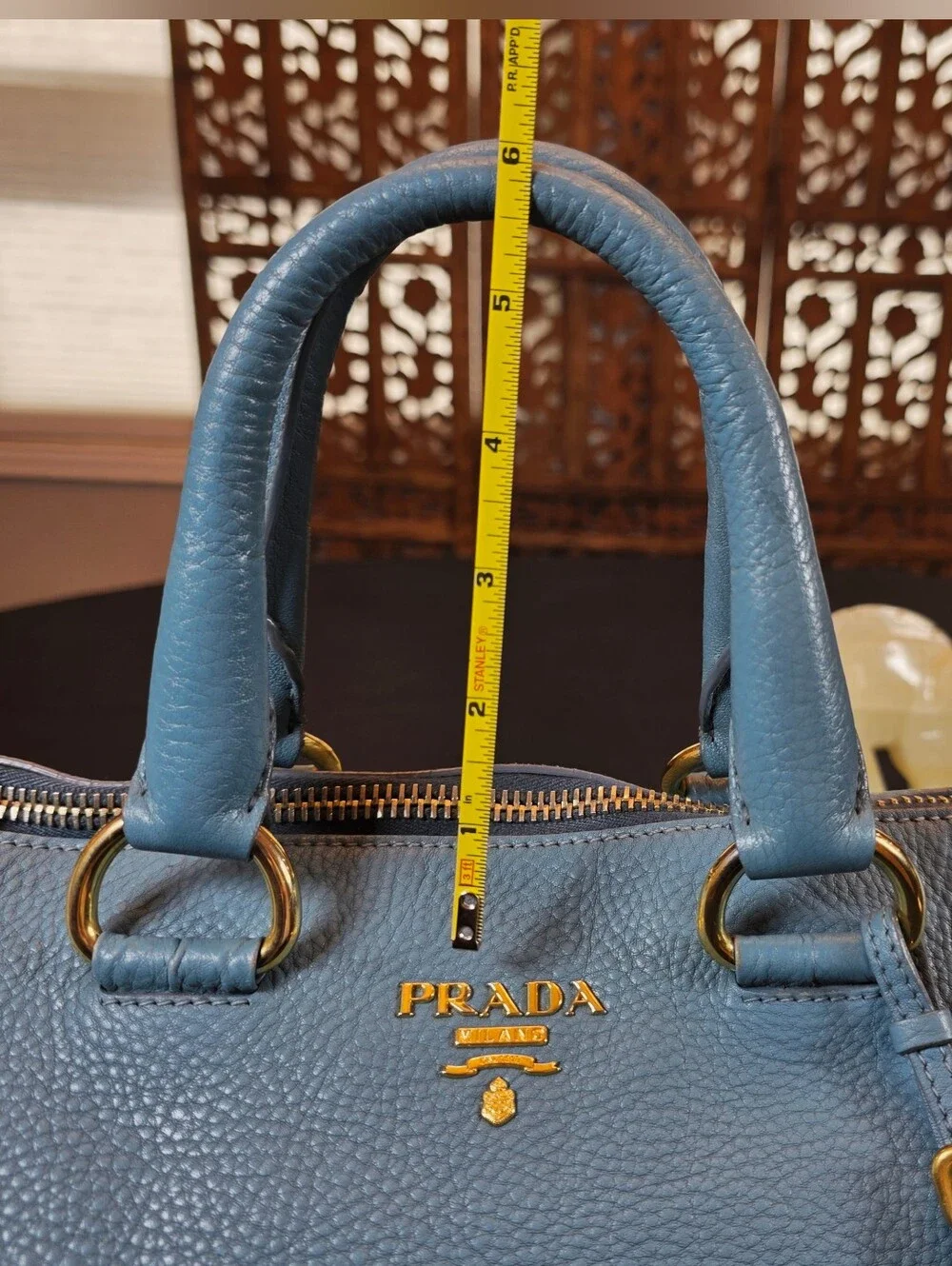 Authentic Prada Vitello Daino Blue Leather Top Handle Handbag  Comes w COA